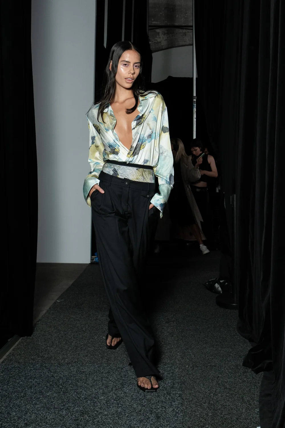 Backstage runway look featuring INSTOCK Astro crystal-embellished fishnet tights