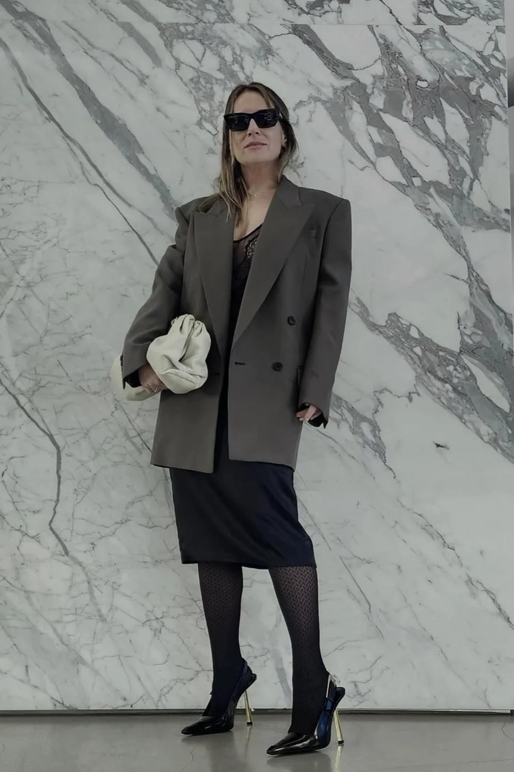 Full-length editorial look featuring INSTOCK Energy patterned tights