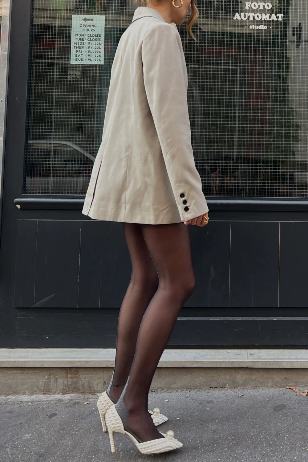 Full-length editorial look featuring INSTOCK Gravity back-seam tights