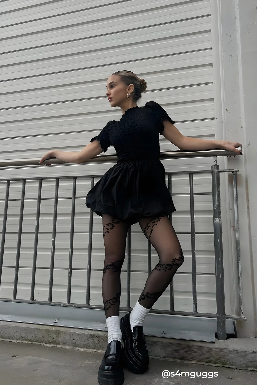 Full-length editorial look featuring INSTOCK Love patterned tights